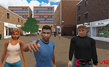 Virtual reality image with three persons standing in the middle of a street. Image is owned by CleVR.